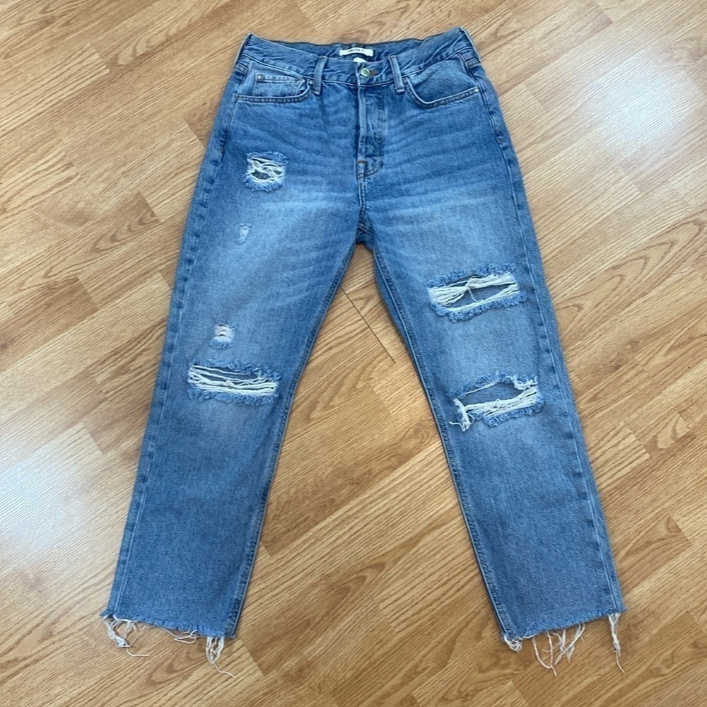 100% Cotton High Rise Straight Leg with Frayed Hem
